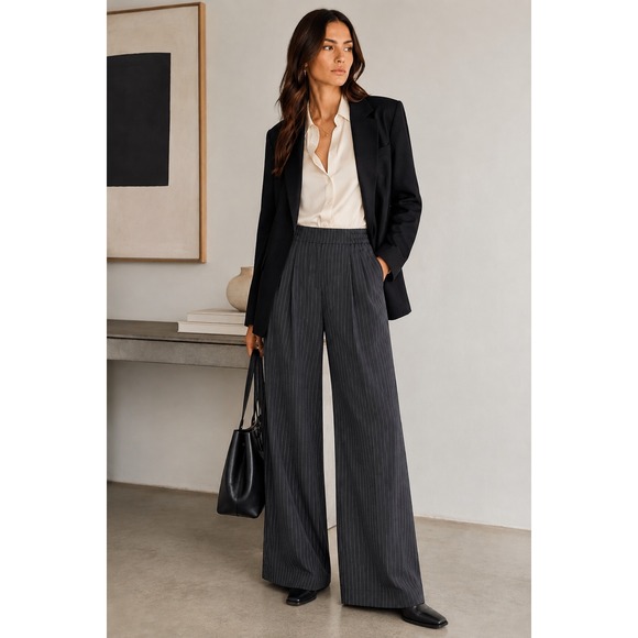 Nicole Miller New York Pants - Nicole Miller New York Trouser Pants L Gray Pinstripe Wide Leg High Rise Office